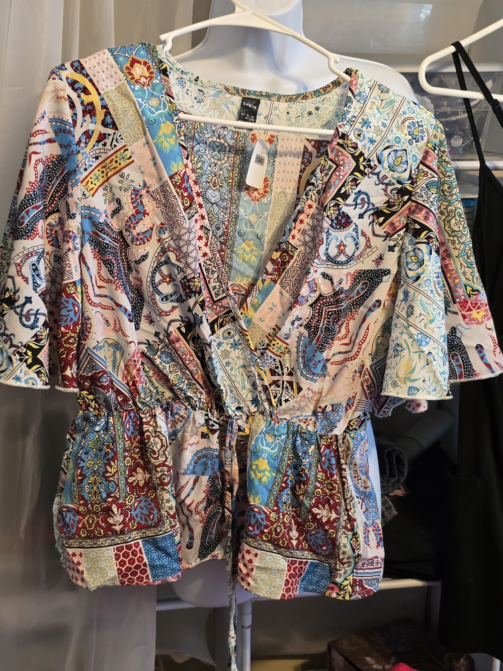 SHEIN Multicolor Patchwork V-Neck Drawstring Blouse